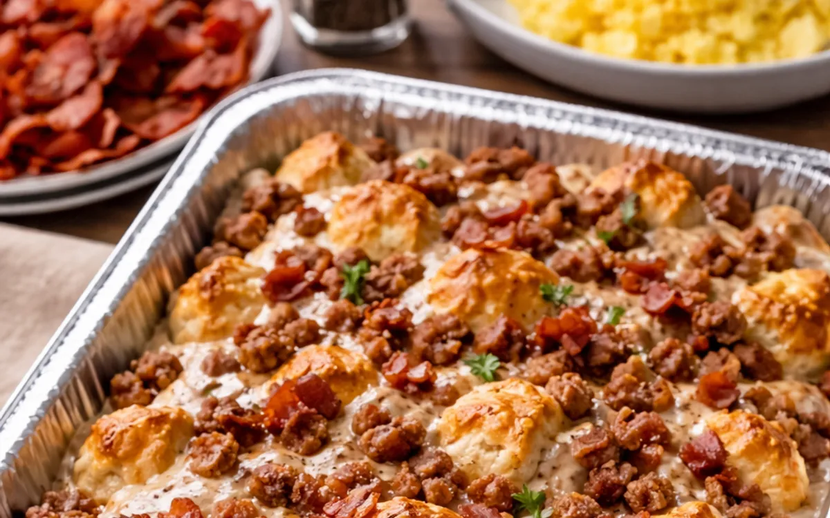 A foil pan of Bacon & Sausage Gravy Biscuit Bake, buttermilk biscuits under sausage gravy, crumbled sausage and bacon