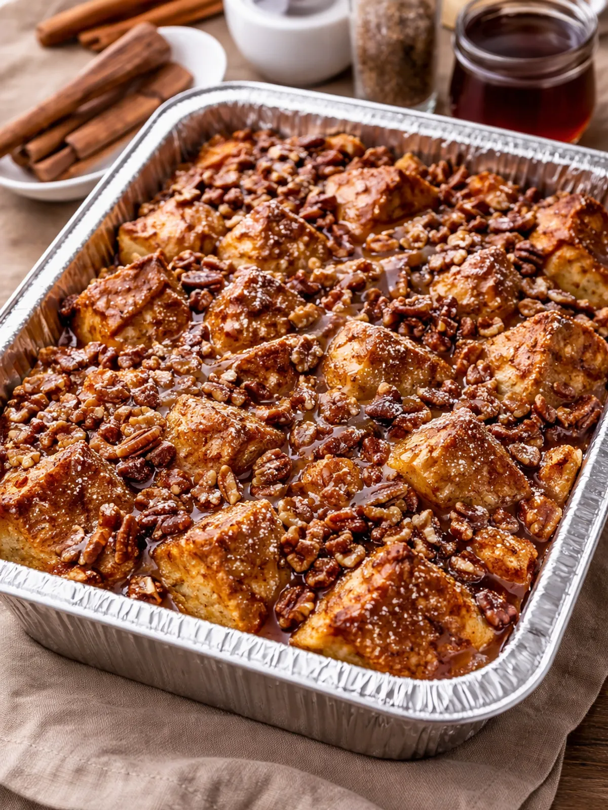 A foil pan of Cinnamon-Pecan French Toast Bake, cubed brioche in syrup topped with praline pecans