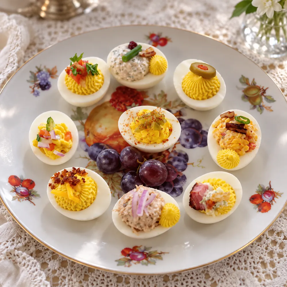 Deviled eggs platter: a ring of halved eggs with piped yolk filling, each with a different topping, around a bunch of grapes on vintage floral china