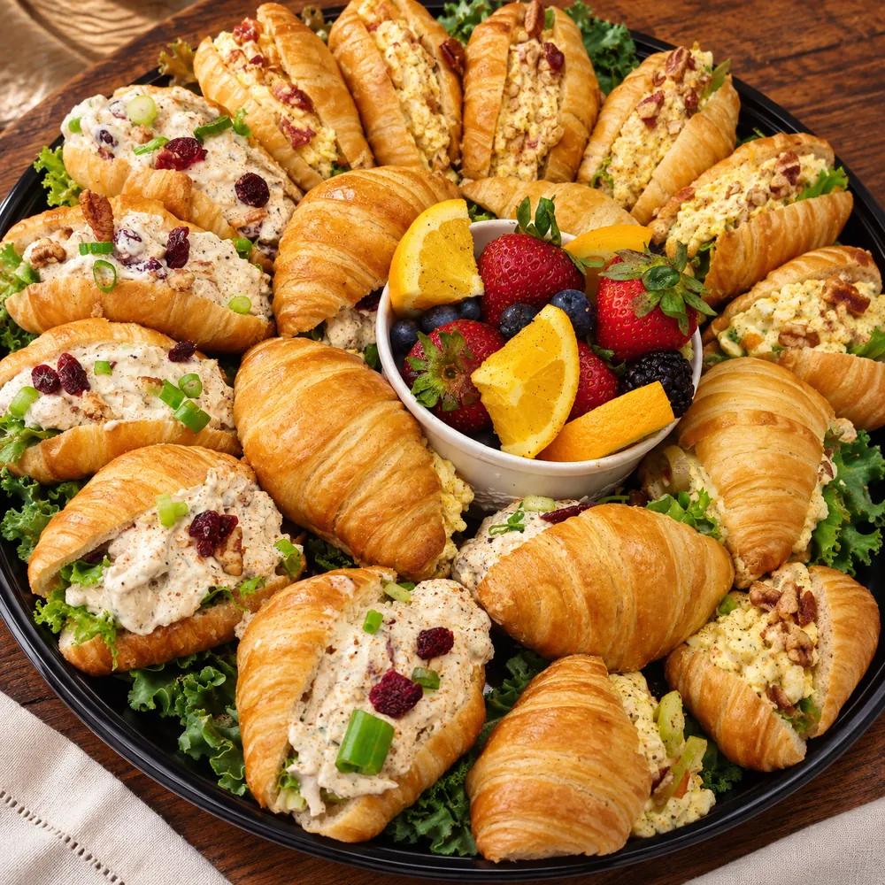 Mini croissant sandwich platter: croissants filled with chicken salad and egg salad around a bowl of strawberries, blueberries and orange slices