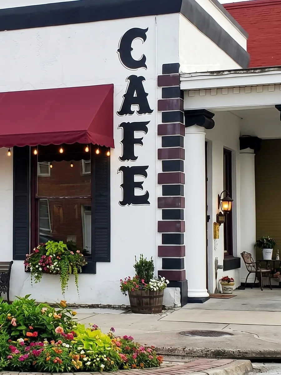 The front corner of the Cotillion: CAFE painted in tall black letters beside a burgundy-and-black brick column, a lantern by the front door under the columned porch, and a bed of flowers at the curb