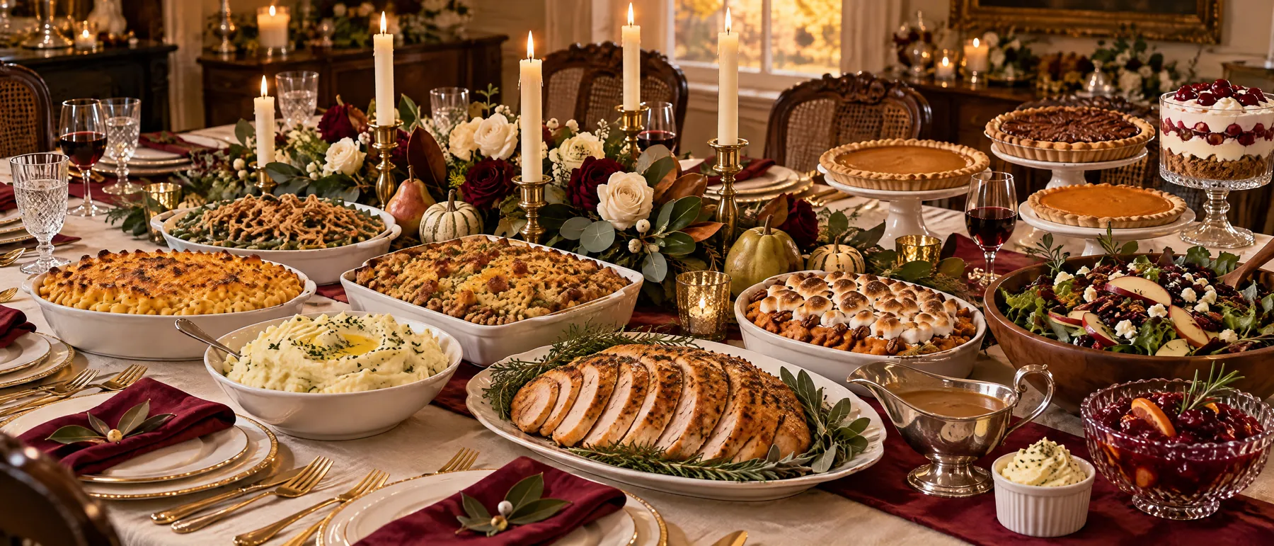 A long Thanksgiving table set with candles and roses: sliced turkey, mac and cheese, cornbread dressing, smashed potatoes, green bean casserole, sweet potato bake, harvest salad, gravy, cranberry sauce and pies