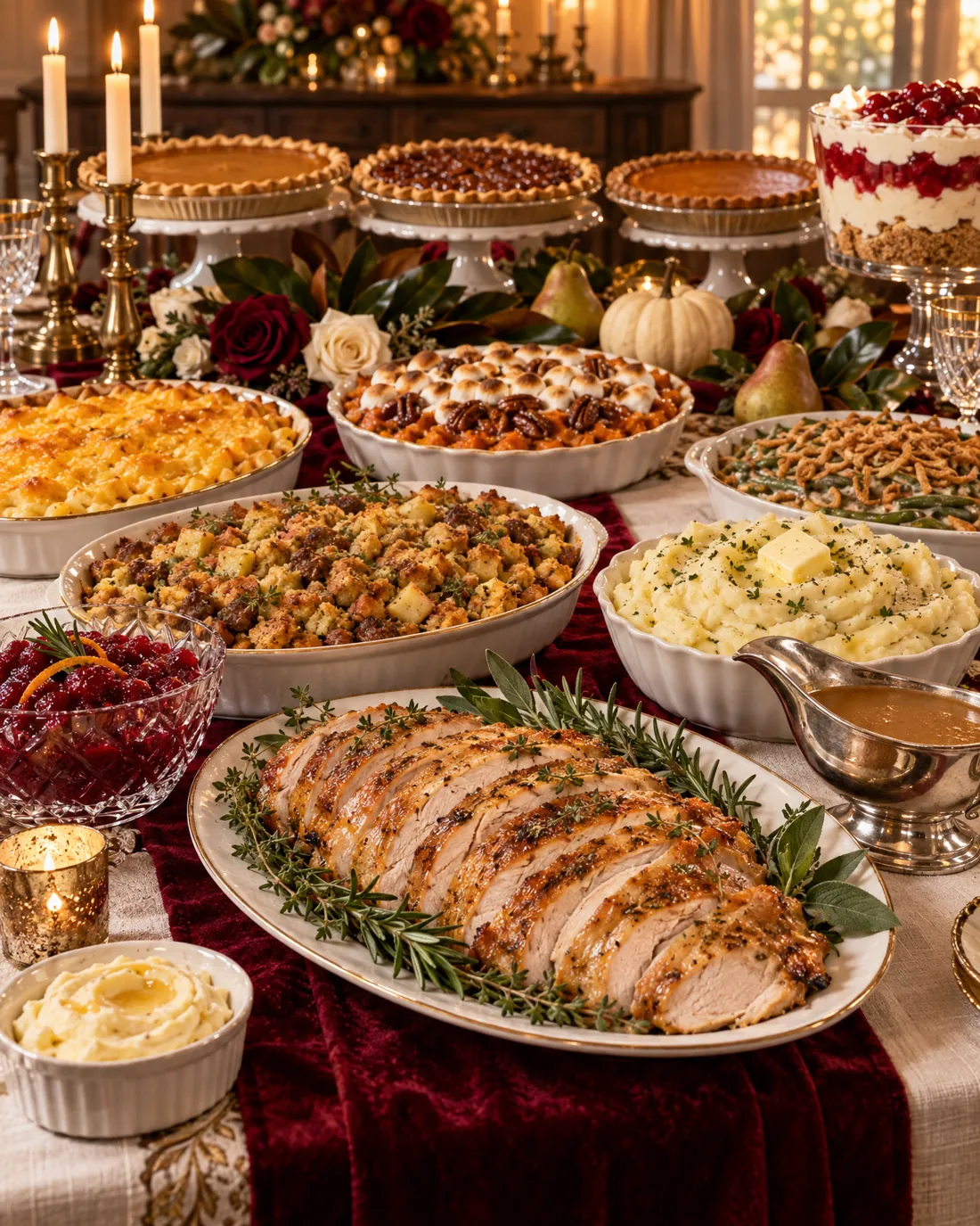 A Thanksgiving table: sliced herb-roasted turkey breast, cornbread dressing, sweet potato bake with marshmallows, smashed potatoes, green beans, mac and cheese, cranberry sauce and gravy, with pumpkin, pecan and sweet potato pies and a cherry trifle behind