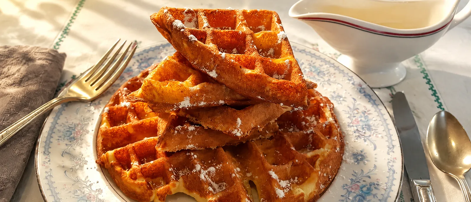Golden waffles dusted with powdered sugar on vintage blue-and-white floral china, beside a white gravy boat, in morning sun